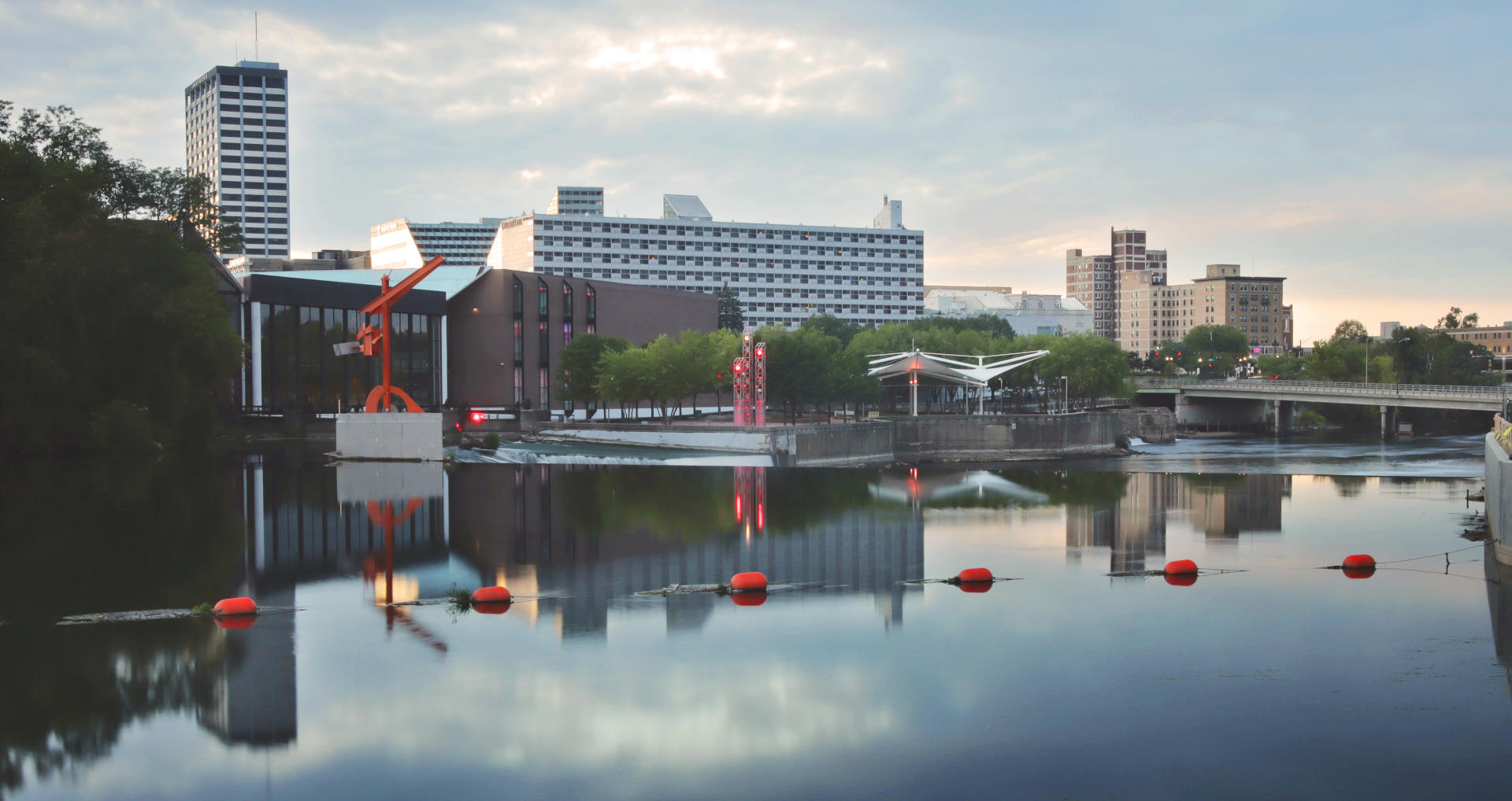 A riverside view of downtown South Bend